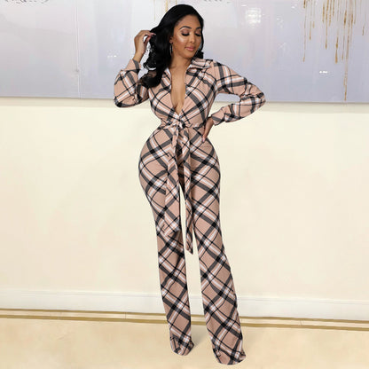 Combinaison Pantalon Évasé à Carreaux avec Ceinture