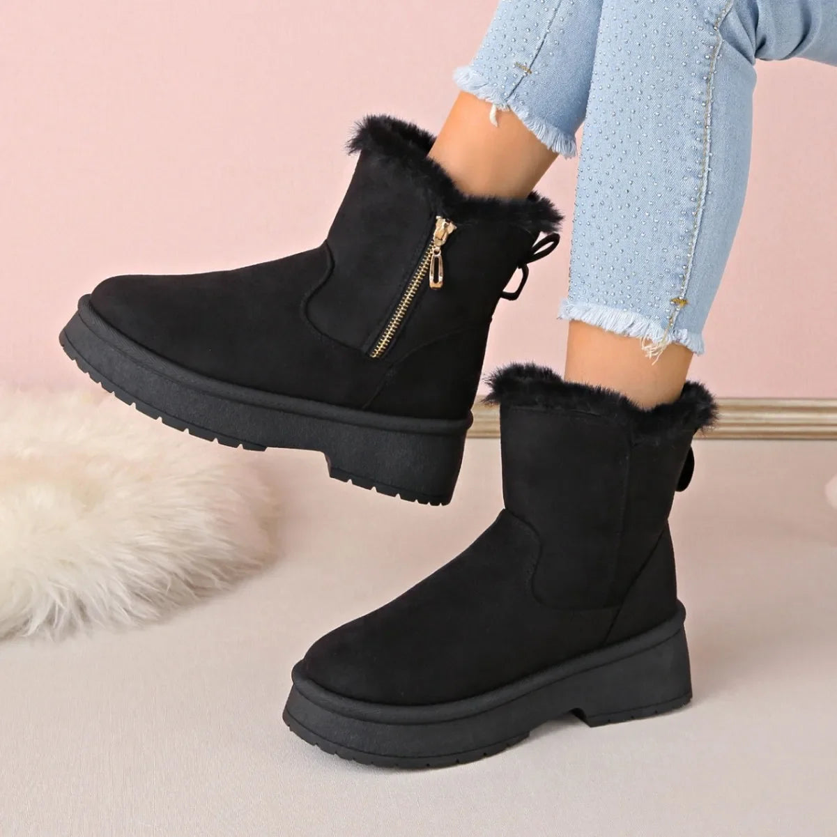 bottines d’hiver beiges doublées en fausse fourrure