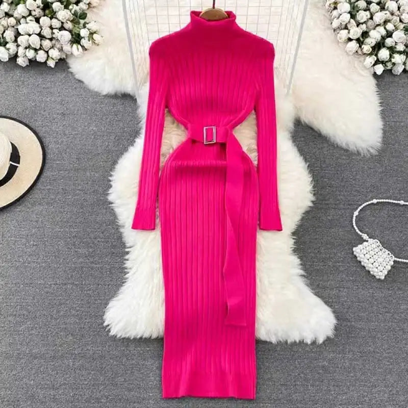 Robe Longue en Maille Côtelée avec Ceinture