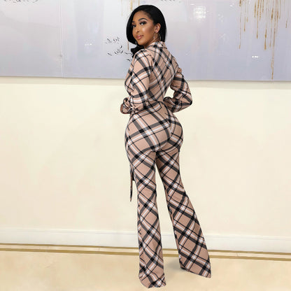 Combinaison Pantalon Évasé à Carreaux avec Ceinture