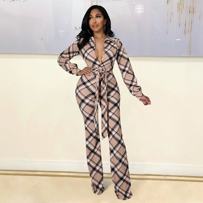 Combinaison Pantalon Évasé à Carreaux avec Ceinture