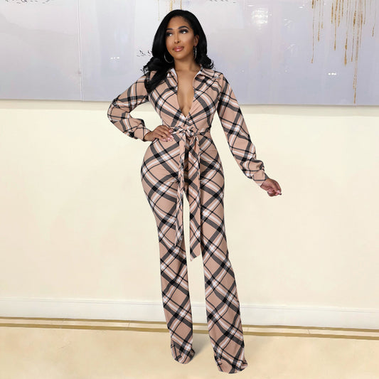 Combinaison Pantalon Évasé à Carreaux avec Ceinture